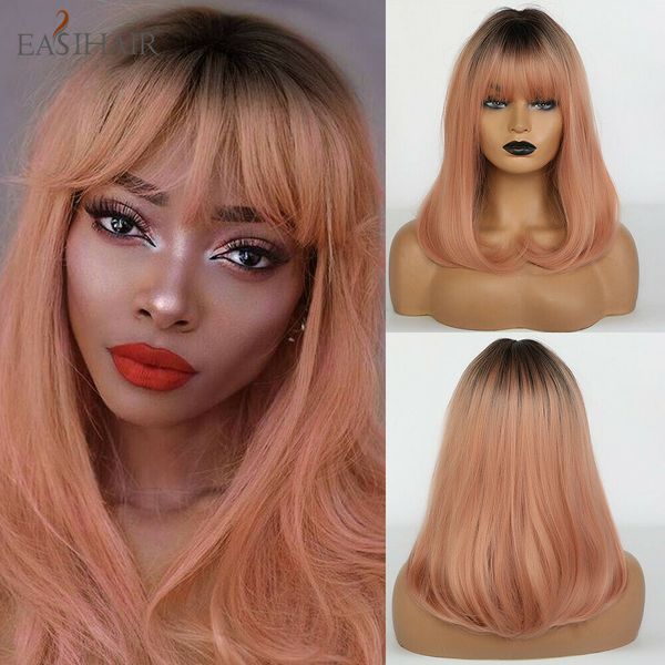 

women long ombre pink wave wig synthetic human hair wigs party cosplay, Black