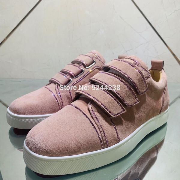

2019 low cut handmade pink suede leather 3 buckle crystal no rivets prom red bottom for men flat casual loafers shoes footwear, Black