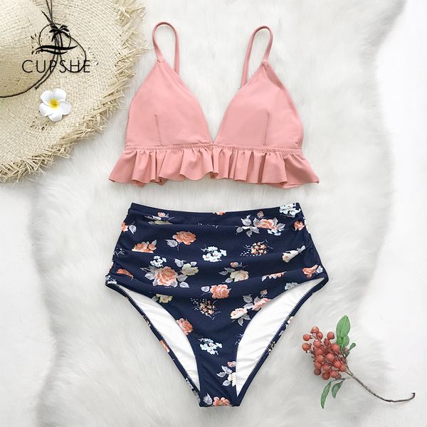 

cupshe and floral ruffled high-waisted bikini sets women cute two pieces swimsuits 2019 girl beach bathing suits, White;black