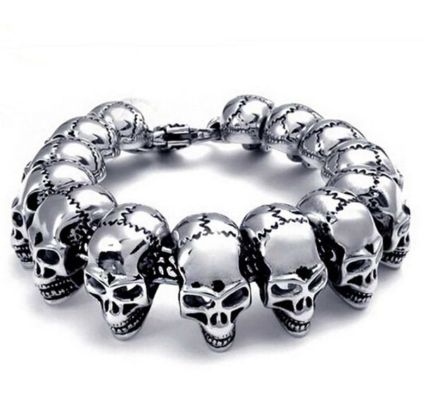 

punk rock vintage cool men all skeleton skull chain bracelet silver stainless steel skull bike bracelets bangle jewelry 17-23cm, Black