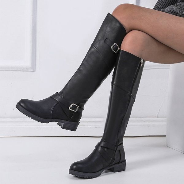 

2019 autumn women knee high boots female buckle strap platform shoes black pu low heels motorcycle boots zip ladies classic