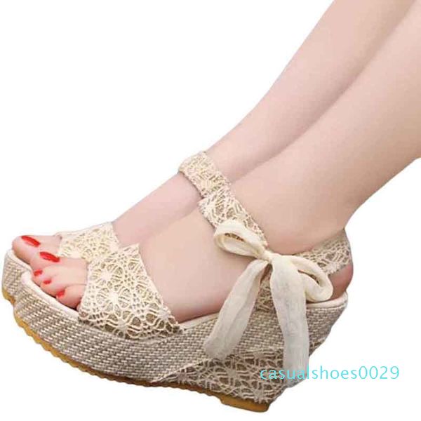 

shoes women 2020 summer new sweet flowers buckle open toe wedge sandals floral high-heeled shoes platform sandals c29, Black