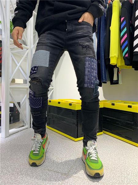 

tear damage fashion new men's designer bicycle jeans solid color fashion slim jogging pants casual men's pants brand hip hop harem, Blue
