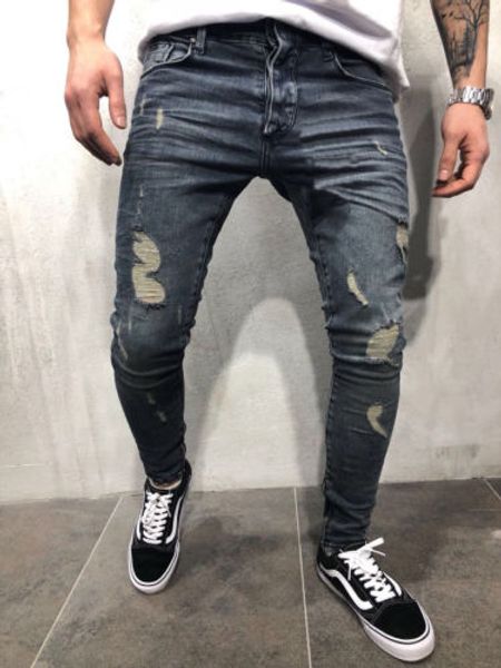 

mens denim hole skinny ripped jeans pants slim fit zipper destroyed frayed trousers comfortable pants, Blue