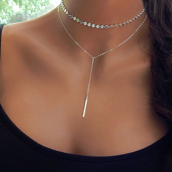 

girls jewelry new metal bar lasso layered necklace copper sequins tassel clavicle chain woman accessories, Golden;silver