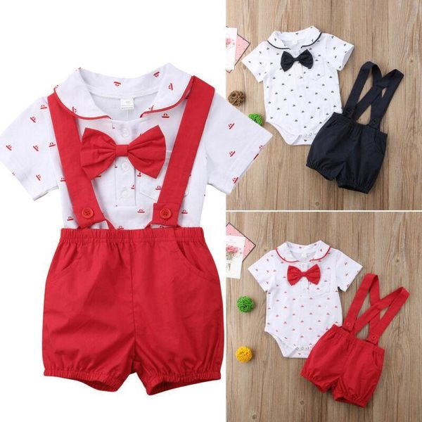 

2pcs summer newborn infant baby boy clothes short sleeve jumpsuit bodysuit+pants shorts outfit set, White