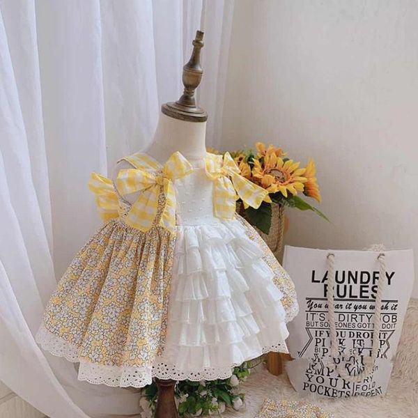 

2pcs summer new spanish lolita girls princess dress bow lace print cute tutu dress birthday party easter for girls y3166, Red;yellow
