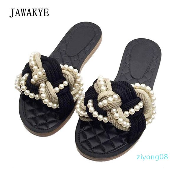 

jawakye black real leather slipper woman open toe pearl flowers flat slides women fashion beach sandals 2020 z08