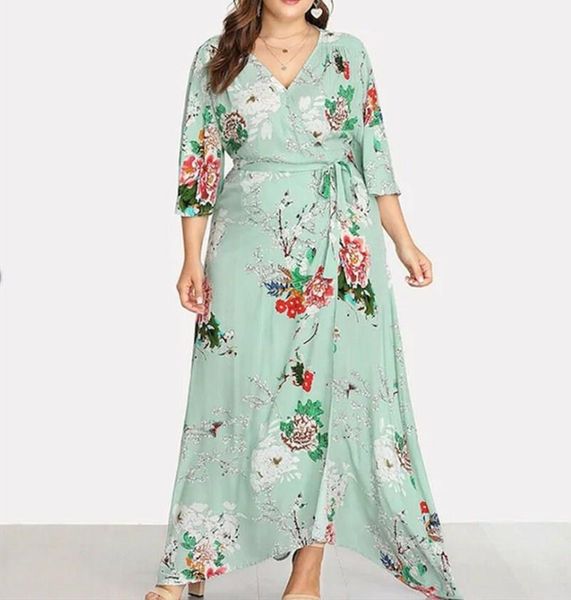 

casual dresses women autumn v-neck plus size dress 3/4-length sleeve floral print a-line long belt chiffon, Black;gray