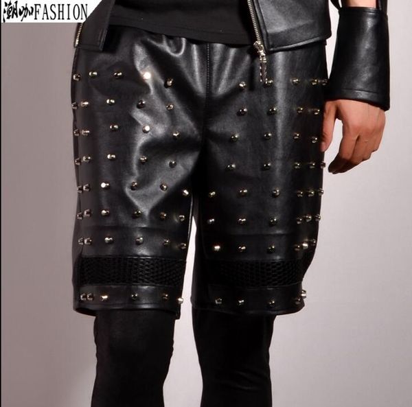 

mens short pants stage personality punk rivet pant men leather trousers pu singer dance rock fashion street star style novelty, Black