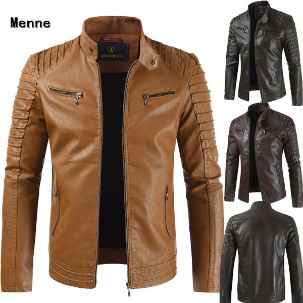 

menne men's leather jacket stand collar leather personality pure color simple and velvet men's jacket, Black