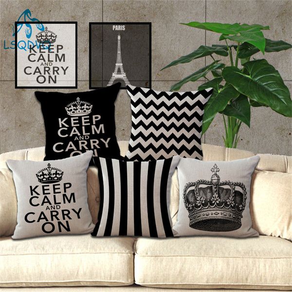 

cushion cover keep calm carry on cotton linen eiffel tower crown black white stripe printed home decorative pillow cover