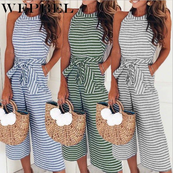 

wepbel summer casaul sleeveless stripes romper jumpsuits women fashion wide leg belted cropped seventh bodysuit pants, Black;white
