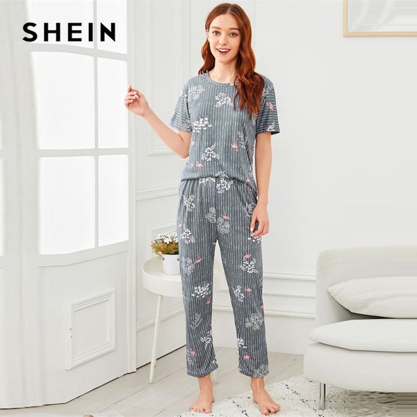 

shein flamingo striped short sleeve pajama set women spring nightwear with long pants autumn winter pjs women, Black;red
