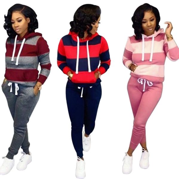 

2019 new autumn tracksuit long sleeve thicken stripe bandage slim hooded sweatshirts 2 piece set women tracksuit set k8848, Black;blue