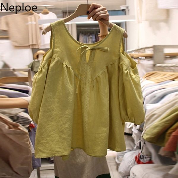 

neploe hollow out shoulderless blouse spring 2020 korean lace up o neck female blusa shirt fashion short sleeve ladies 1a528, White