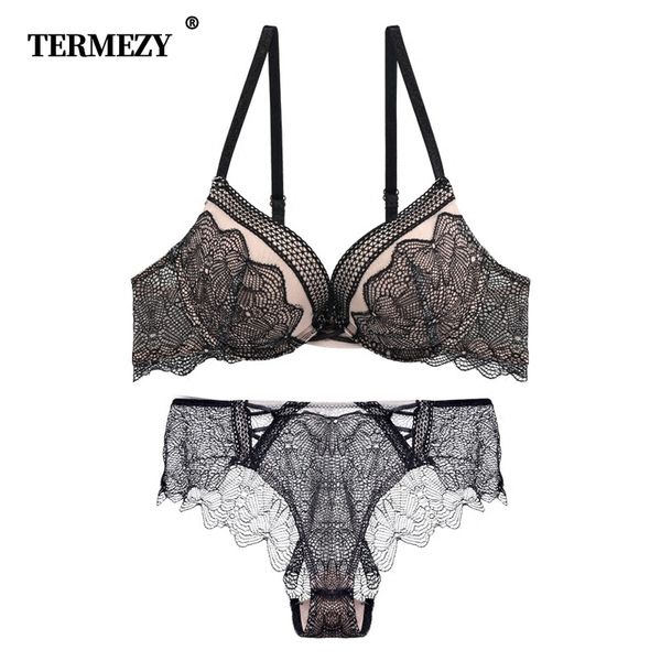 

termezy 2019 new embroidery women underwear push-up bra set bra and panty sets deep v brassiere vintage lingerie set, Red;black