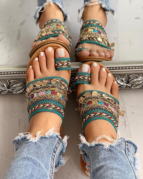 

ethnic boho style toe ring sandals comfort home shoes flat sandals, Black
