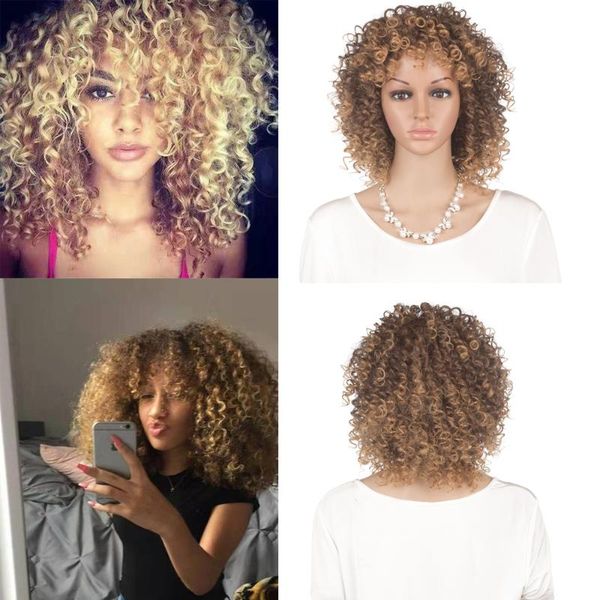 

t27/33 color 14'' short afro curly hair wig with bangs heat resistant fiber kinky curly synthetic hair wigs for american african, Black