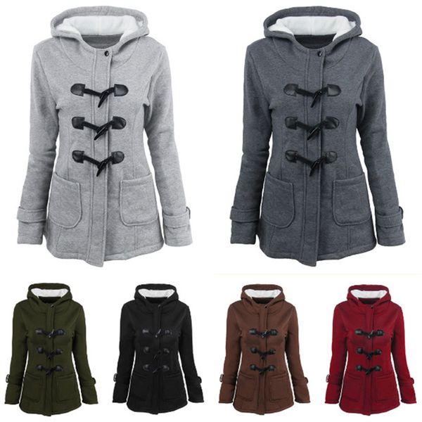 

dsquaenhd winter warm horn button coats for women casual slim parkas base outwear jacket casaco feminino hooded coat plus size, Black