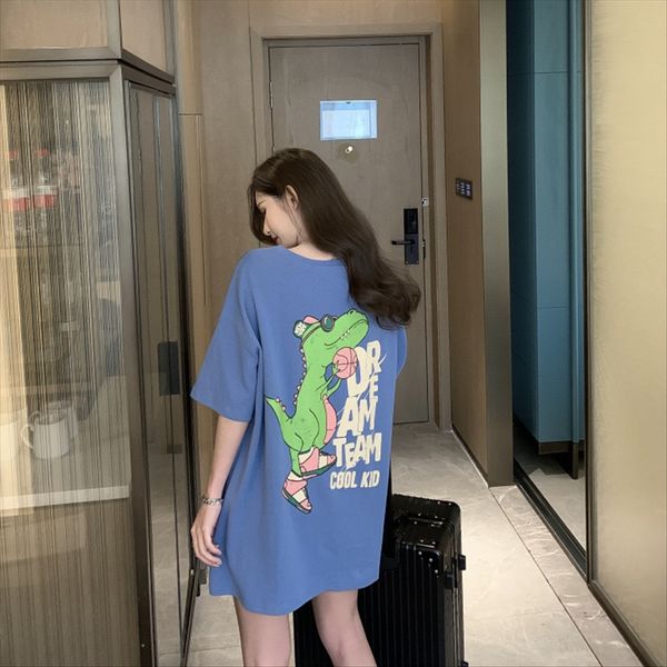 

2020ins medium and long round collar loose printing dinosaur short-sleeved women's 2020ins medium and long round collar loose printing, White