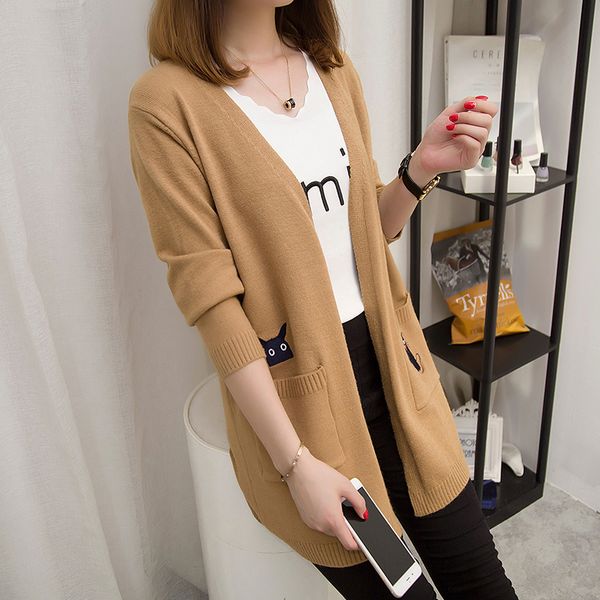 

mid-long cardigan women 2020 spring autumn cat embroidery korean cute loose sweater cardigan female knitted jacket women, White