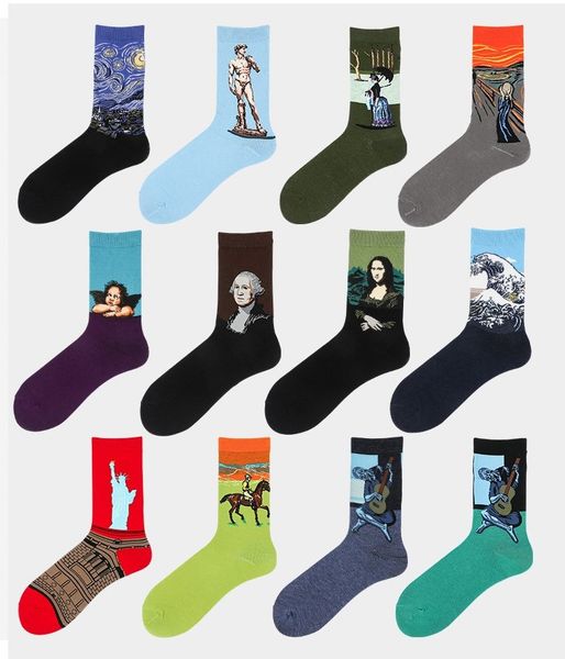 

mens socks oil painting street tide star sports mid tube fashion socks stockings 17 style, Black