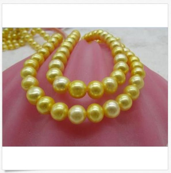 

8-9mm real round south sea yellow pearl necklace 35'' 14k gold, Silver