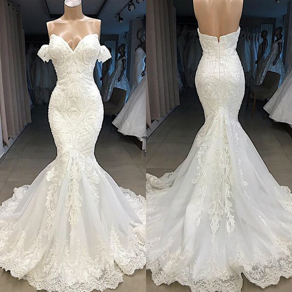 

off the shoulder mermaid wedding dresses 2019 new arrival sweetheart court train appliques tulle bridal gowns robe de mariage, White