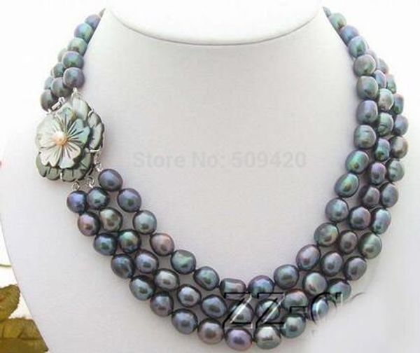 

3 strds black baroque pearl necklace-cameo flower brooch, Silver