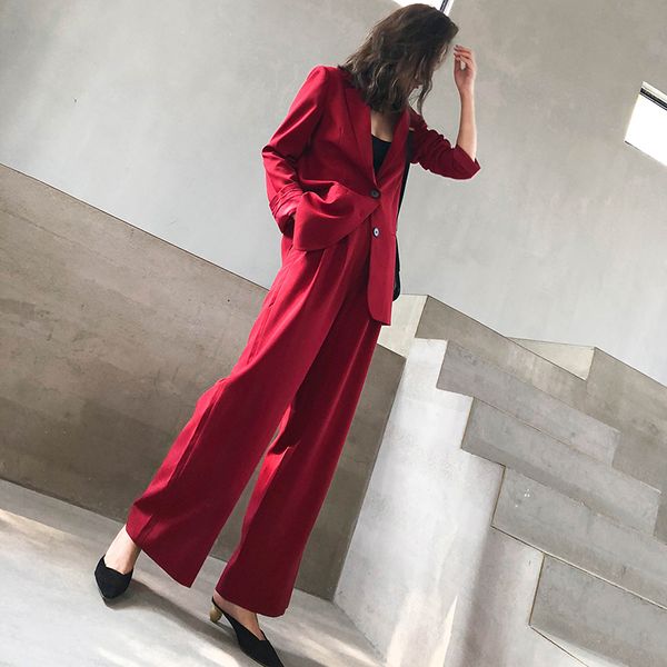 

pant suit women's autumn new temperament slim-fit red suit wide-leg pants trendy two-piece set, White;black