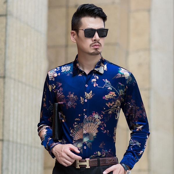 

mens slim fit formal long sleeve dress shirts floral animal printed party lapel plus size -4xl e74, White;black
