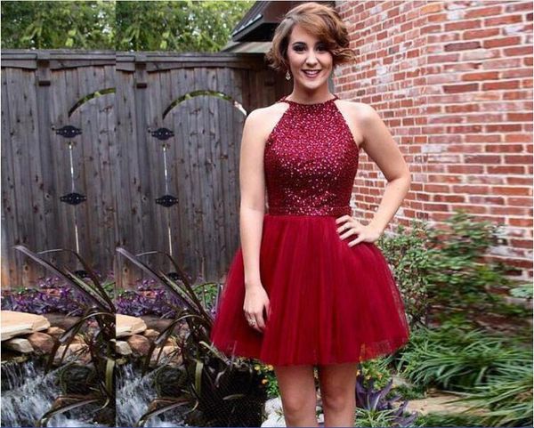 

halter a-line tulle short mini homecoming dresses beading formal sleeveless vestidos de soiree custom graduation gowns cheap, Red
