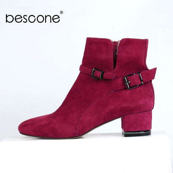 

bescone ladies ankle boots casual handmade buckle round toe square heel shoes basic 4.5 cm med heel outside women boots bc178, Black