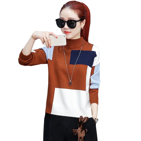 

knitwear women 2018 new korean casual loose color patchwork pullover long sleeve turtleneck irregular sweater sueter mujer, White;black