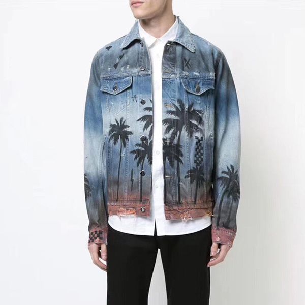 

hip hop denim jacket coat autumn fashion mens coconut palm printed streetwear destroyed hole jean high street outerwear jackets, Black;brown
