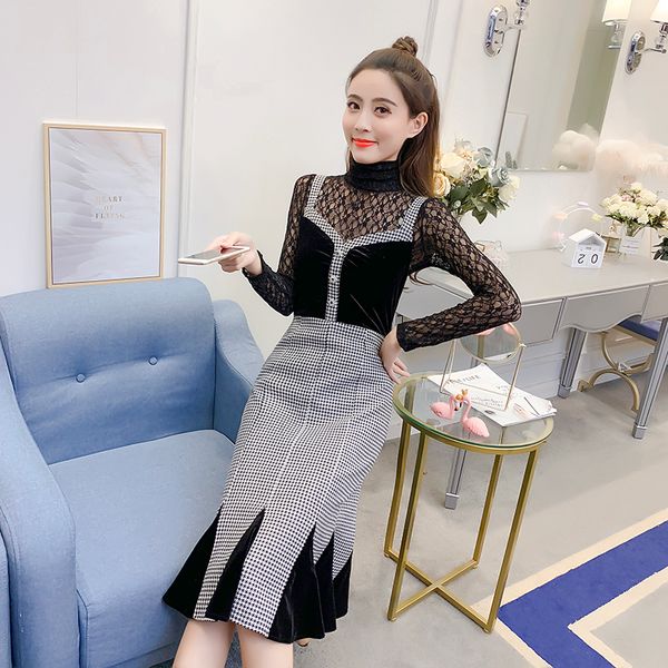 

suit new korean fashion women's clothing set 2019 spring two-piece lace black t shirt & tank fishtail dress vestido, White