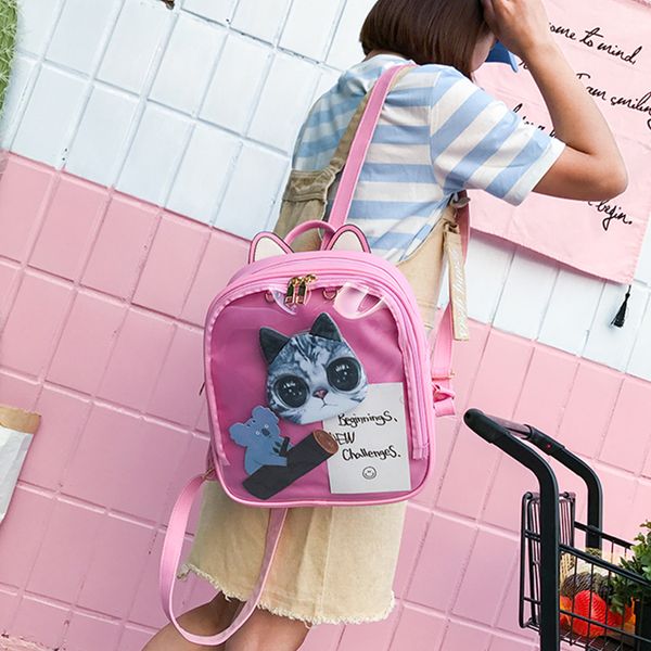 

lovely cat ear leather backpacks candy color transparent bag teenage girls travel bakpack children shoulder bags school itabag