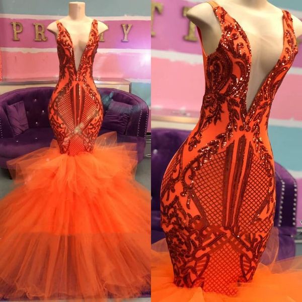 

2020 deep v neck prom dresses sequined lace appliques tiered tulle mermaid evening dress sleeveless zipper party vestidos, Black