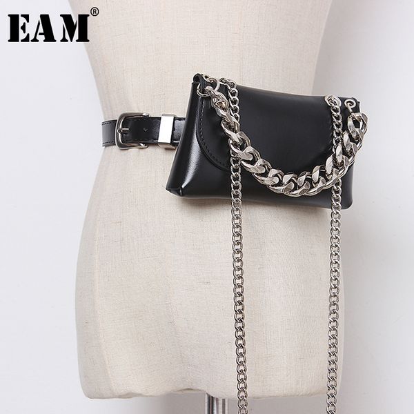 

eam] pu leather black chain mini-bag split joint logn wide belt personality women new fashion tide all-match spring 2020 1t397, Black;brown