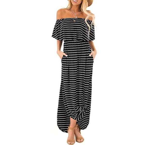 

casual dresses summer dress women off shoulder stripe ruffle side split with pockets beach maxi female vestidos plus size, Black;gray