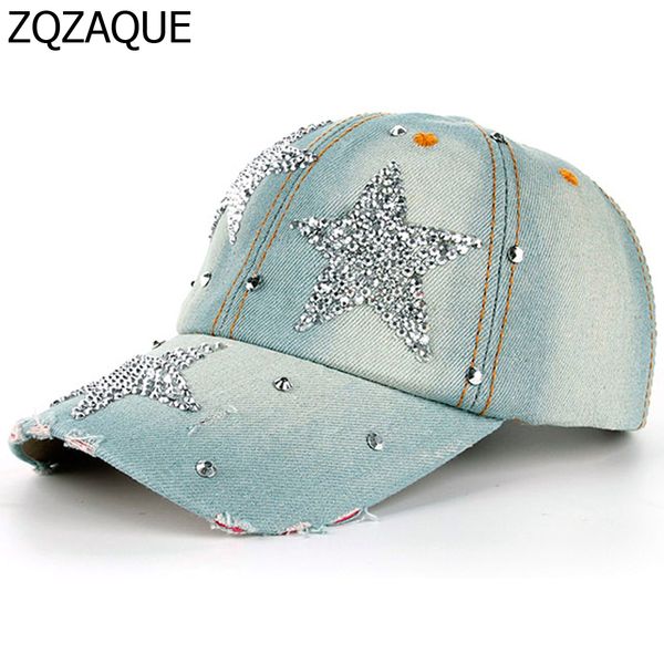 

100% manural drill five-pointed star decorated caps women's rhinestone denim baseball caps casual girls' summer nice hats sy577, Blue;gray