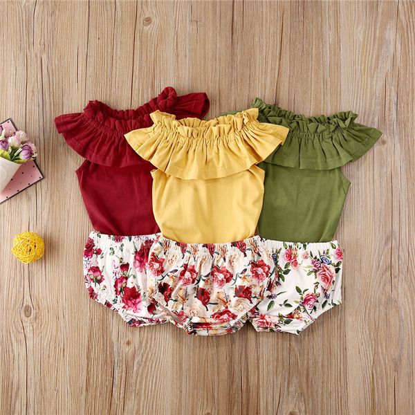 

summer baby girls cotton clothing fashion newborn infant solid color elastic soft off shoulder romper floral printing shorts set, White