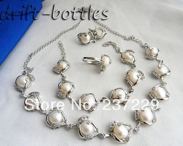 

dyy wholesale price a12mm white baroque freshwater pearl zircon necklace bracelet earring ring set (a0423, Silver