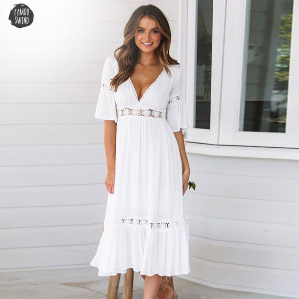 

long dress white lace up new women summer v neck hollow out polyester party bohemian casual feminino dresses vestidos, Black;gray