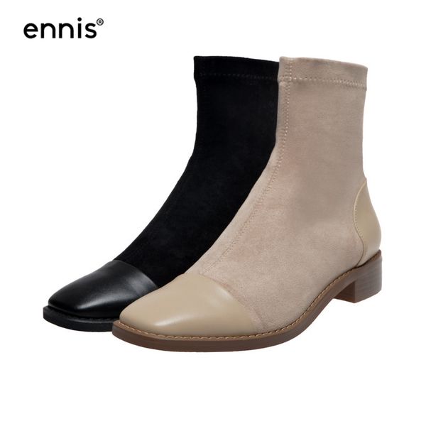 

ennis brand designer suede stretch boots square low heel boots women slip on leather toe shoes autumn black new 2019 a9152