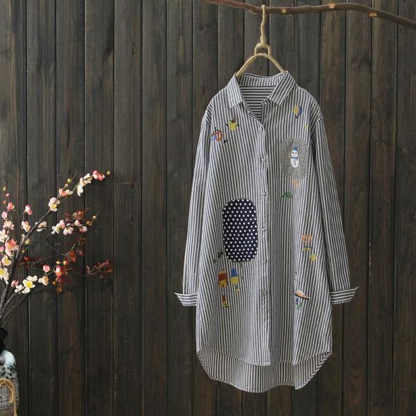 

new style spring and autumn women long blouse cotton linen shirt embroidered snowman loose stripe camisa, White