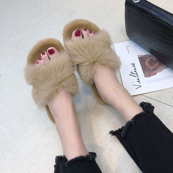 

2020 flat non-slip open toe cross plush slippers fashion outer wear slippers foreign trade female, Black