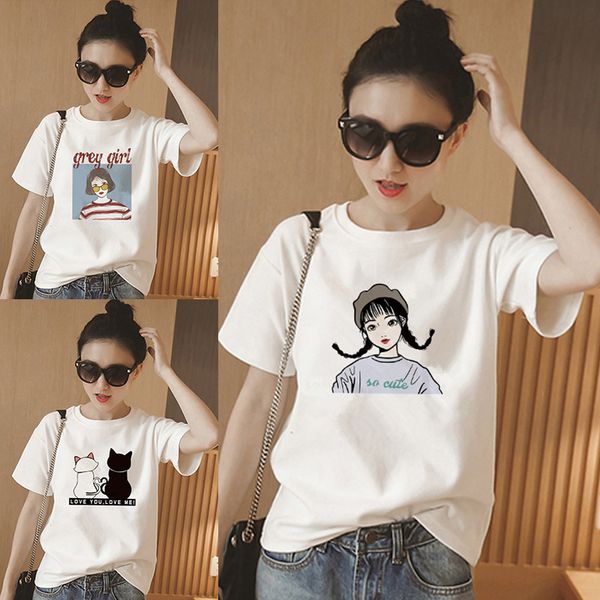 

new solid white harajuku shirts cartoon cotton women tshirt korean summer loose round neck kawaii womens t shirt casual