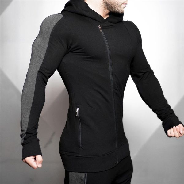 

autumn winter sport running jacket men striped fitness sweatshirts hooded tight hoodies gym training jackets jogging sportswear, Black;red